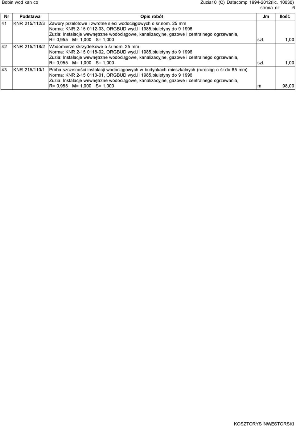 25 mm Norma: KNR 2-15 0118-02, ORGBUD wyd.ii 1985,biuletyny do 9 1996 R= 0,955 M= 1,000 S= 1,000 szt.