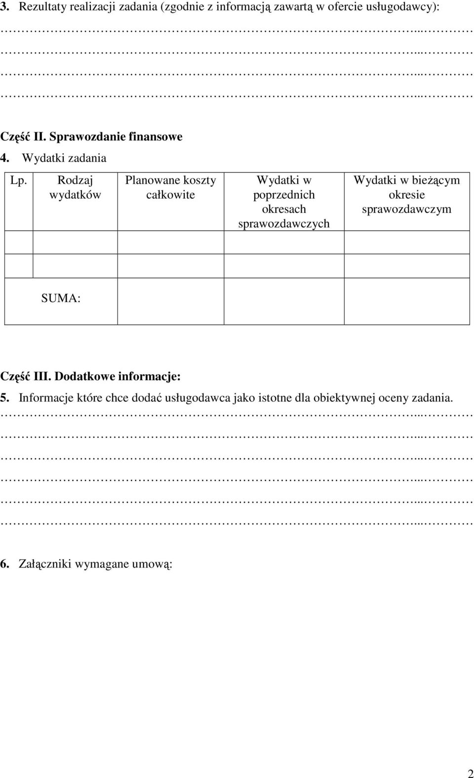 Rodzaj wydatków Planowane koszty całkowite Wydatki w poprzednich okresach sprawozdawczych Wydatki w