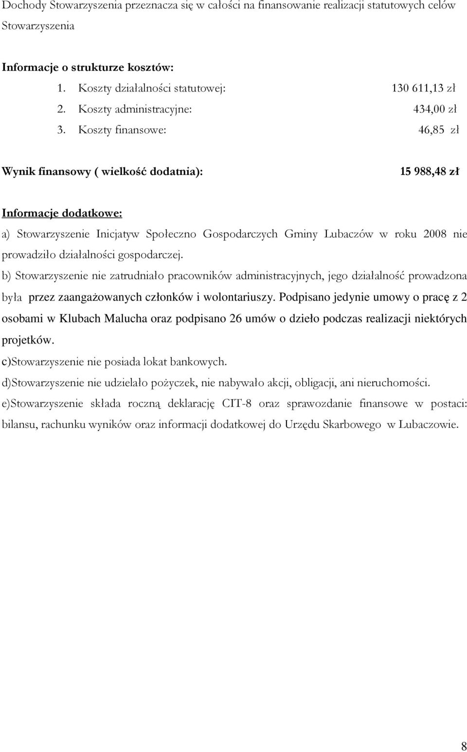 Koszty finansowe: 46,85 zł Wynik finansowy ( wielkość dodatnia): 15 988,48 zł Informacje dodatkowe: a) Stowarzyszenie Inicjatyw Społeczno Gospodarczych Gminy Lubaczów w roku 2008 nie prowadziło