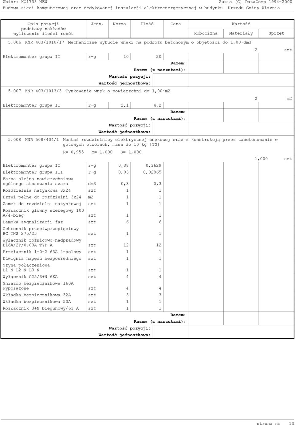 008 KNR 508/404/1 Montaż rozdzielnicy elektrycznej wnękowej wraz z konstrukcją przez zabetonowanie w gotowych otworach, masa do 10 kg [TG] Elektromonter grupa II r-g 0,38 0,3629 Elektromonter grupa