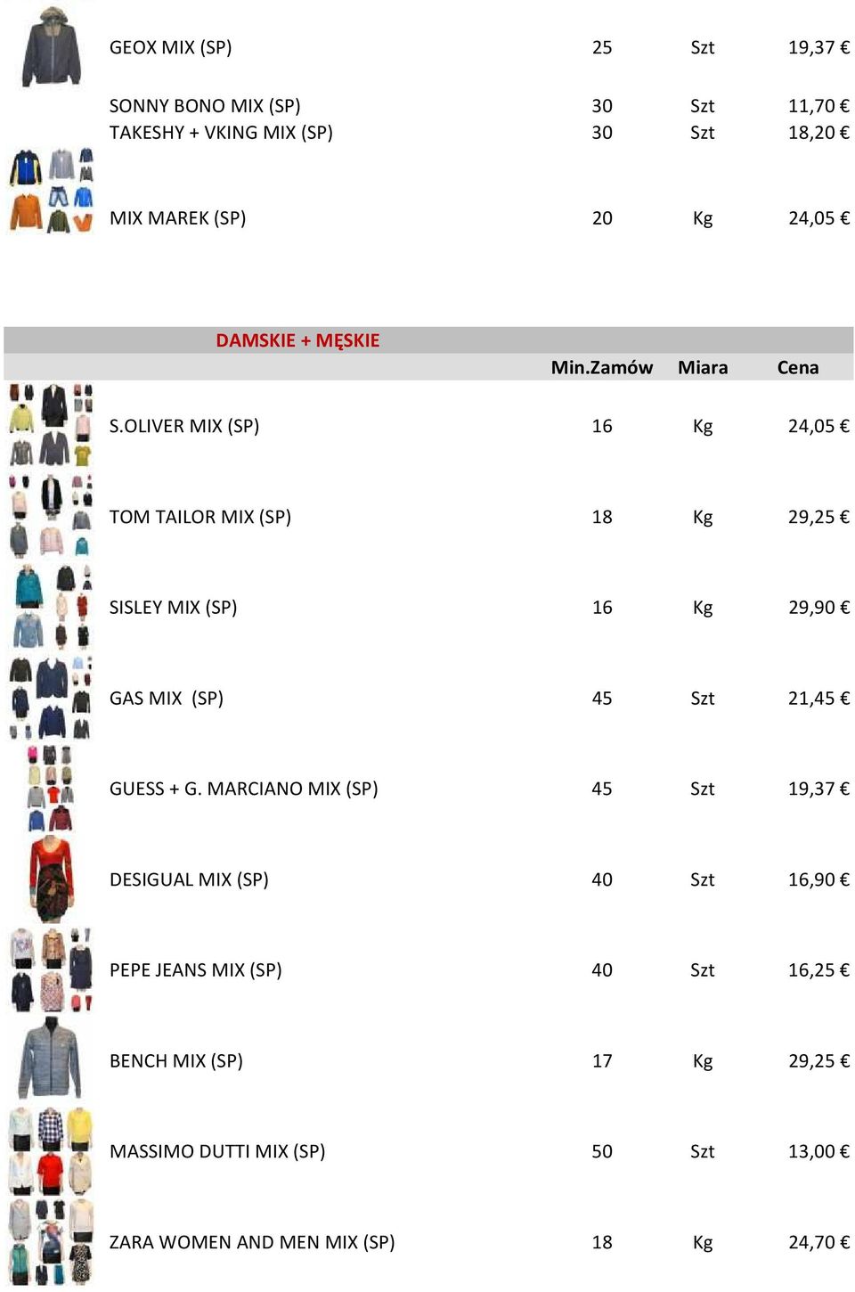 OLIVER MIX (SP) 16 Kg 24,05 TOM TAILOR MIX (SP) 18 Kg 29,25 SISLEY MIX (SP) 16 Kg 29,90 GAS MIX (SP) 45 Szt 21,45 GUESS