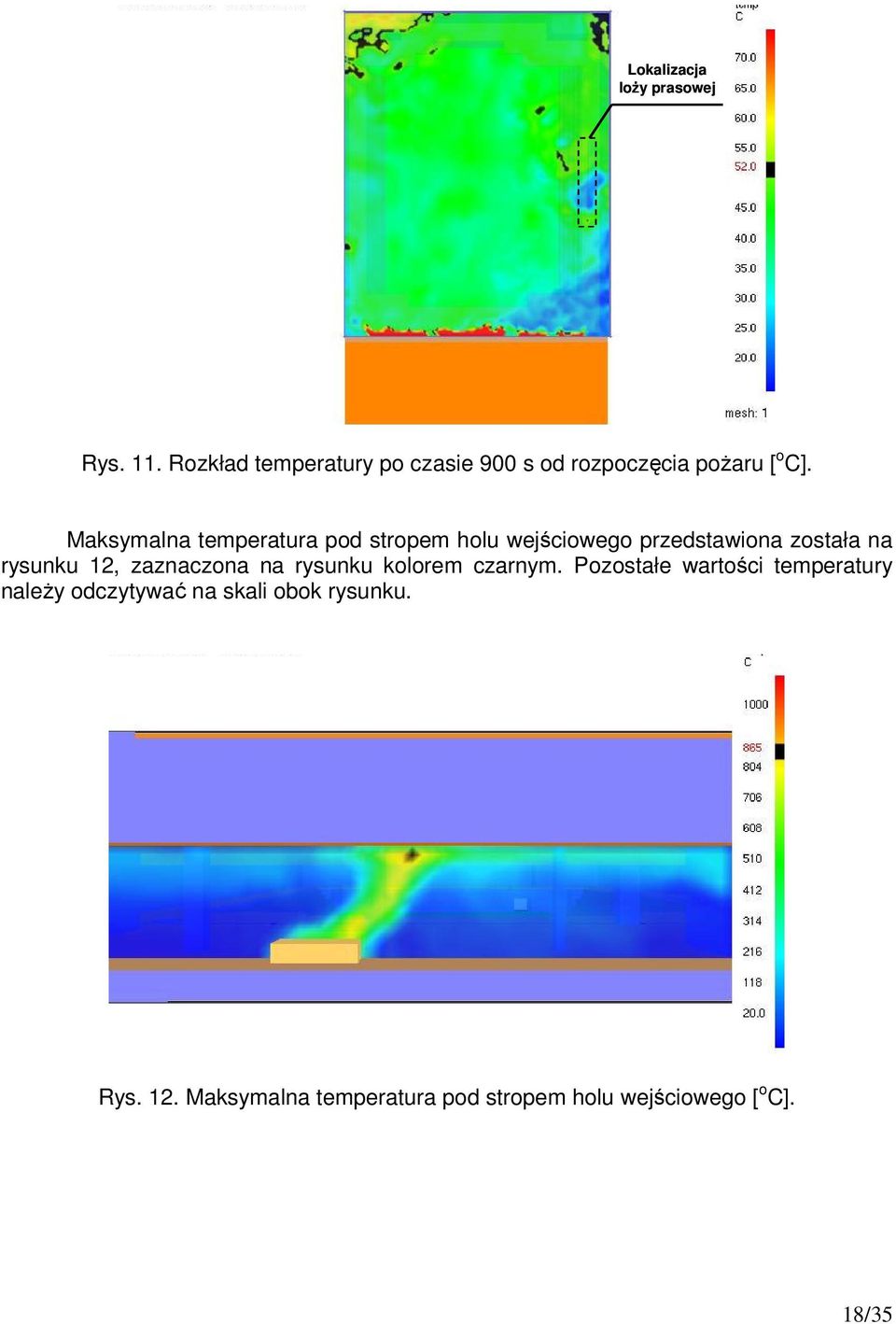 Maksymalna temperatura pod stropem holu wejściowego przedstawiona została na rysunku 12,