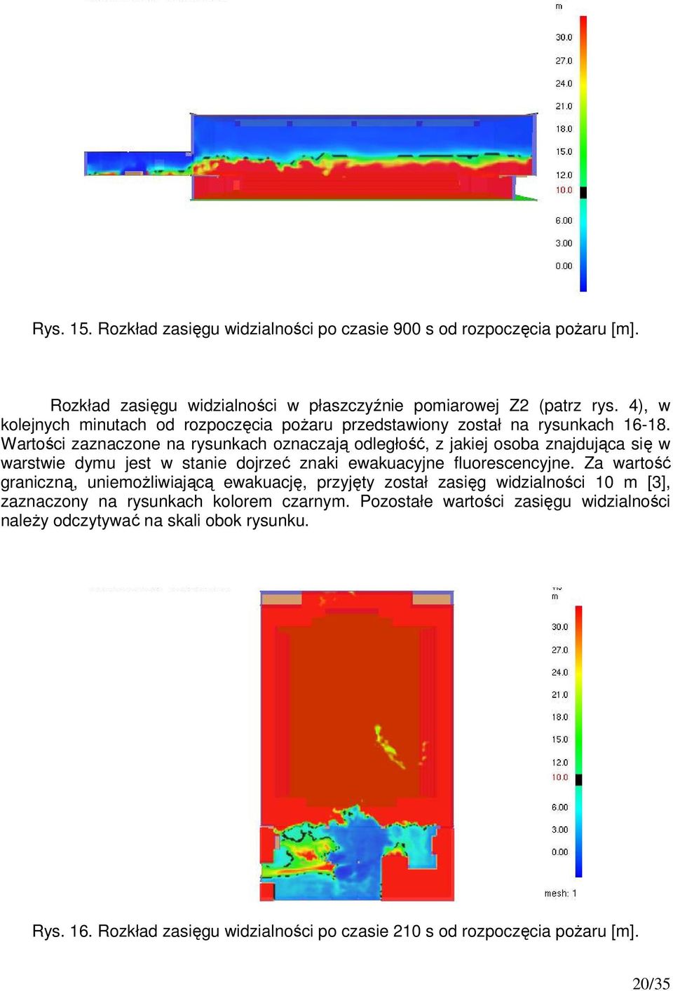 Wartości zaznaczone na rysunkach oznaczają odległość, z jakiej osoba znajdująca się w warstwie dymu jest w stanie dojrzeć znaki ewakuacyjne fluorescencyjne.