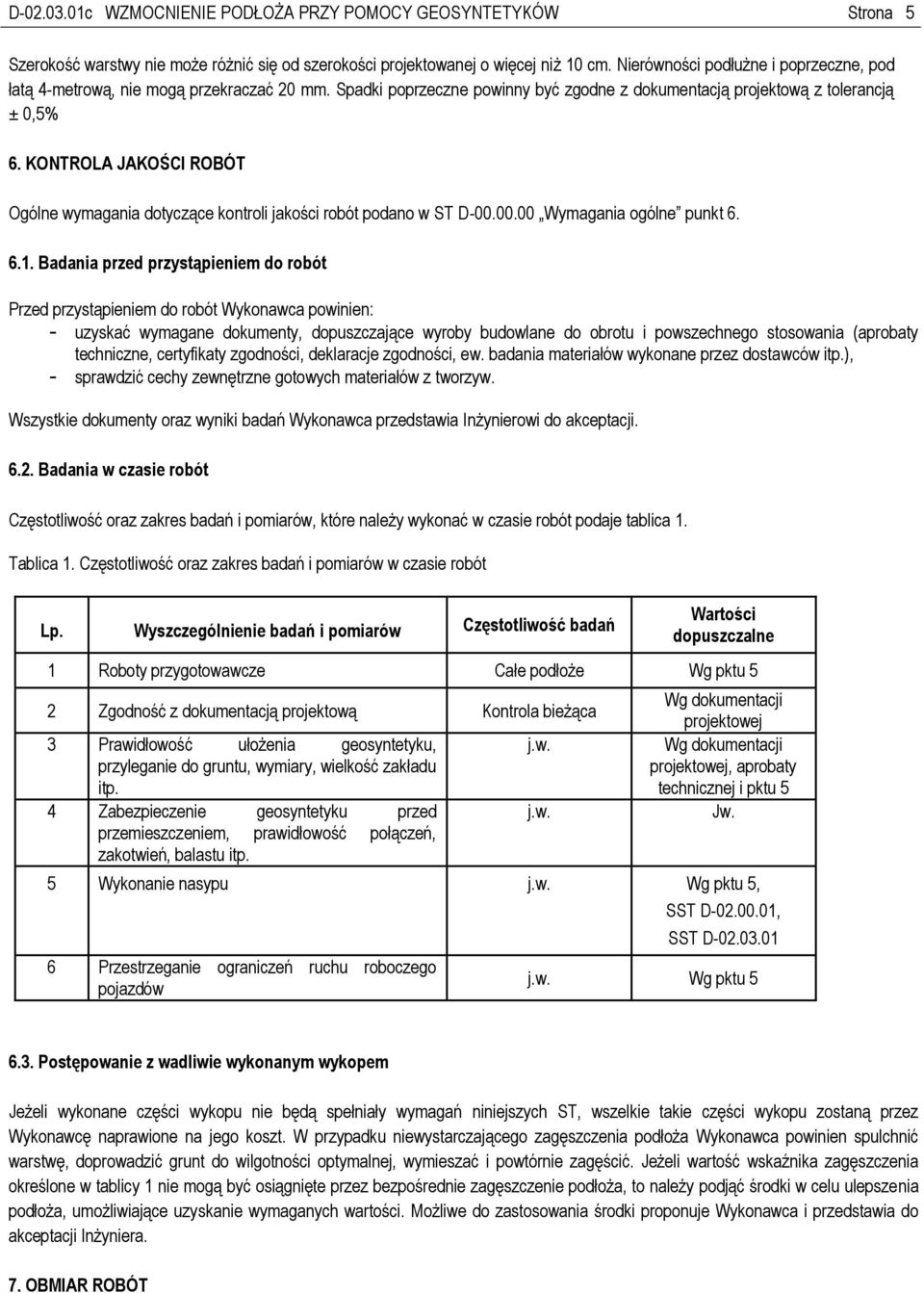 KONTROLA JAKOŚCI ROBÓT Ogólne wymagania dotyczące kontroli jakości robót podano w ST D-00.00.00 Wymagania ogólne punkt 6. 6.1.