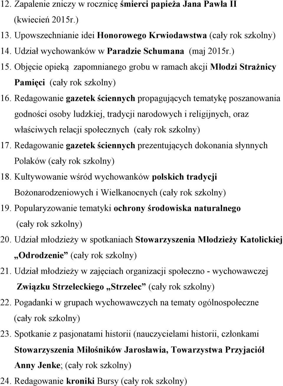 Redagowanie gazetek ściennych propagujących tematykę poszanowania godności osoby ludzkiej, tradycji narodowych i religijnych, oraz właściwych relacji społecznych (cały rok szkolny) 17.