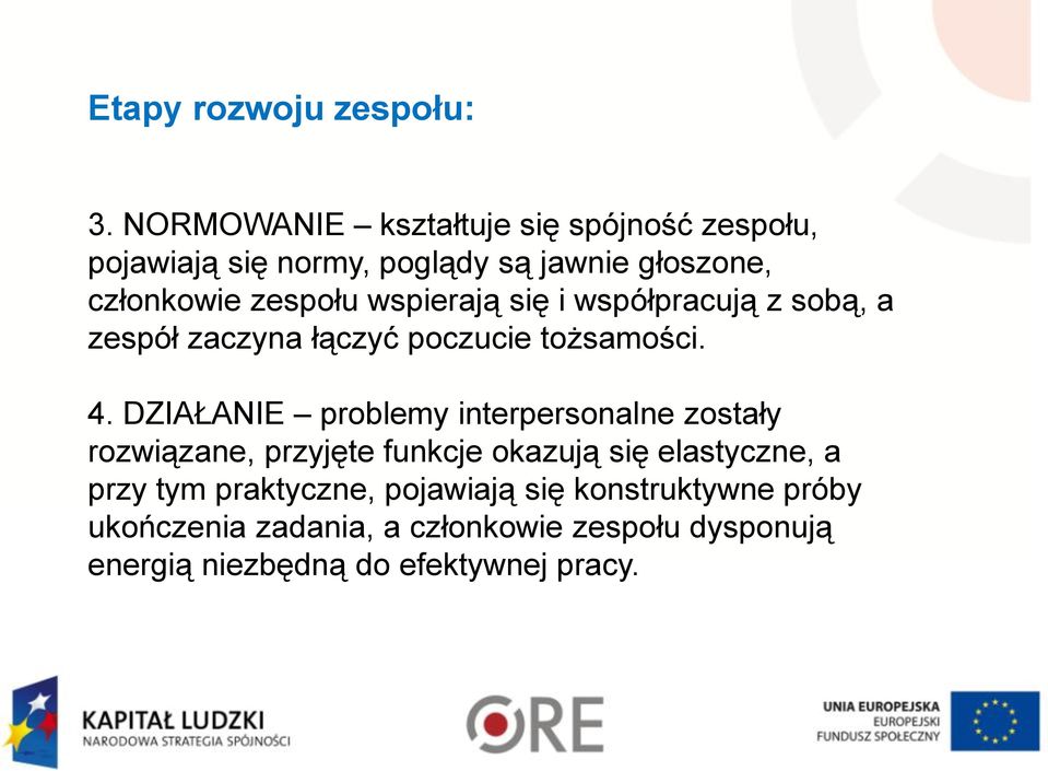 wspierają się i współpracują z sobą, a zespół zaczyna łączyć poczucie tożsamości. 4.