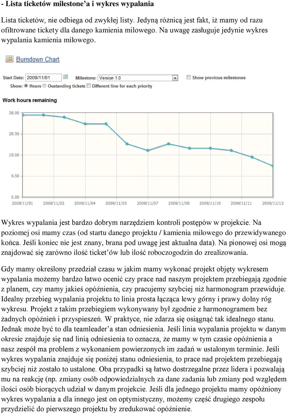 Na poziomej osi mamy czas (od startu danego projektu / kamienia milowego do przewidywanego końca. Jeśli koniec nie jest znany, brana pod uwagę jest aktualna data).