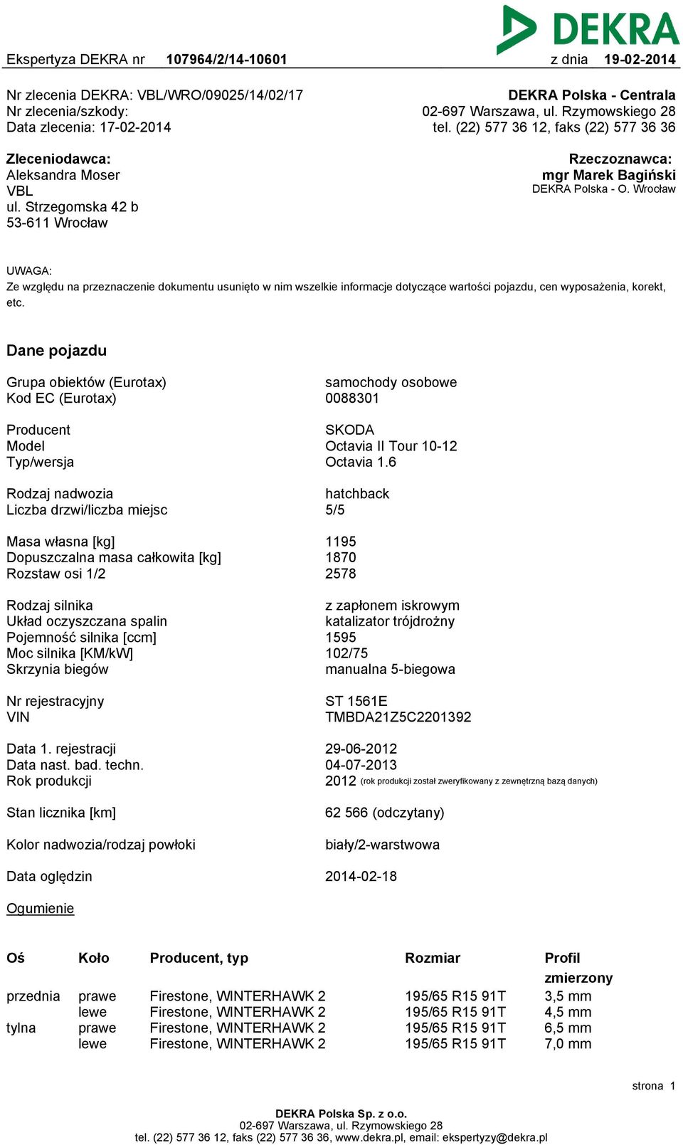 cen wyposażenia, korekt, etc Dane pojazdu Grupa obiektów (Eurotax) Kod EC (Eurotax) samochody osobowe 0088301 Producent Model Typ/wersja SKODA Octavia II Tour 10-12 Octavia 16 Rodzaj nadwozia Liczba