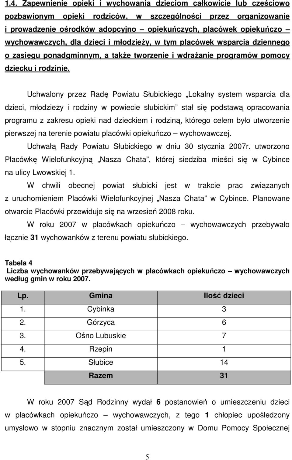 Uchwalony przez Radę Powiatu Słubickiego Lokalny system wsparcia dla dzieci, młodzieŝy i rodziny w powiecie słubickim stał się podstawą opracowania programu z zakresu opieki nad dzieckiem i rodziną,