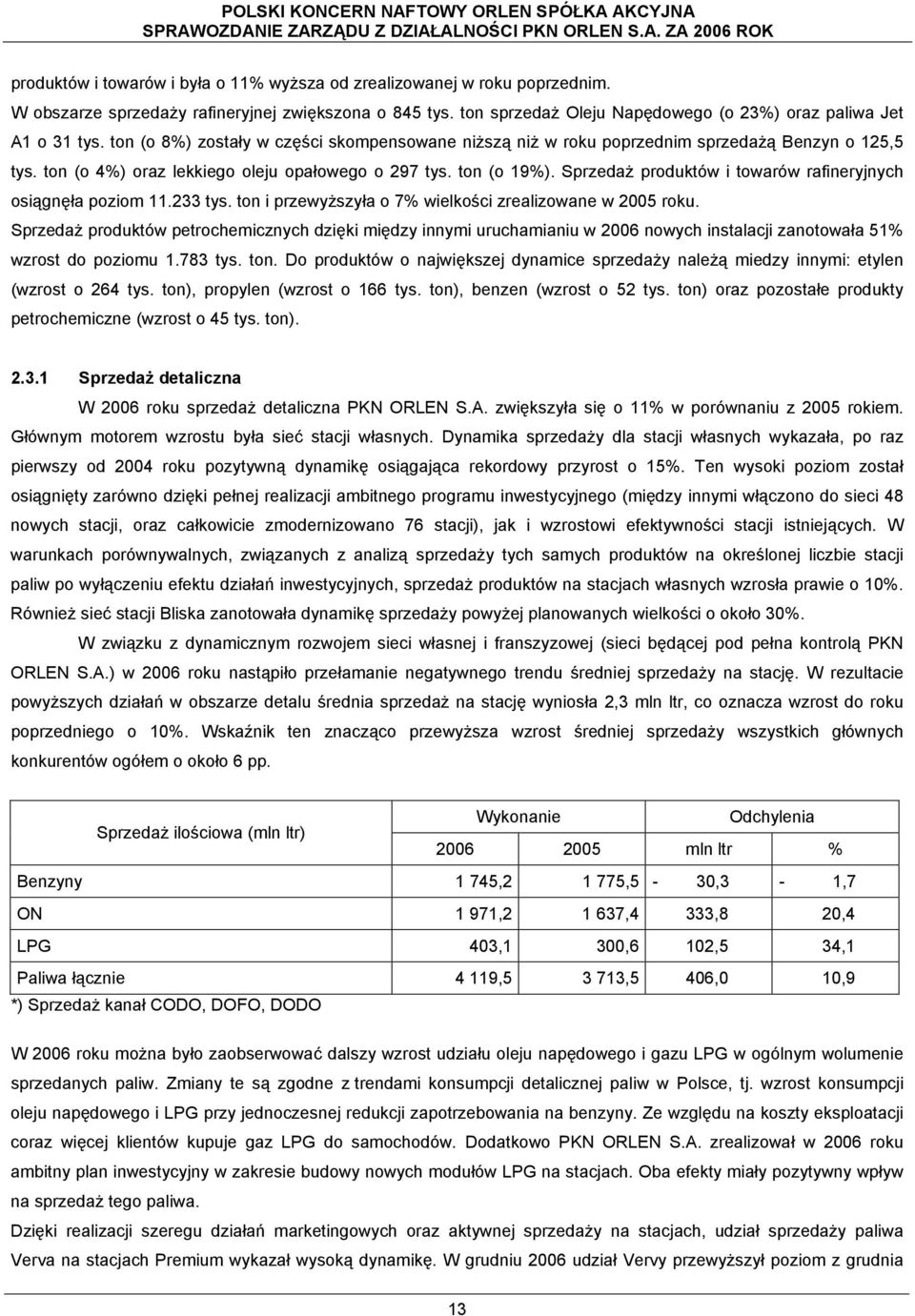 Sprzedaż produktów i towarów rafineryjnych osiągnęła poziom 11.233 tys. ton i przewyższyła o 7% wielkości zrealizowane w 2005 roku.