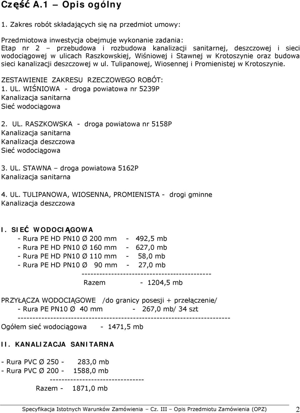 ulicach Raszkowskiej, Wiśniowej i Stawnej w Krotoszynie oraz budowa sieci kanalizacji deszczowej w ul. Tulipanowej, Wiosennej i Promienistej w Krotoszynie. ZESTAWIENIE ZAKRESU RZECZOWEGO ROBÓT: 1. UL.