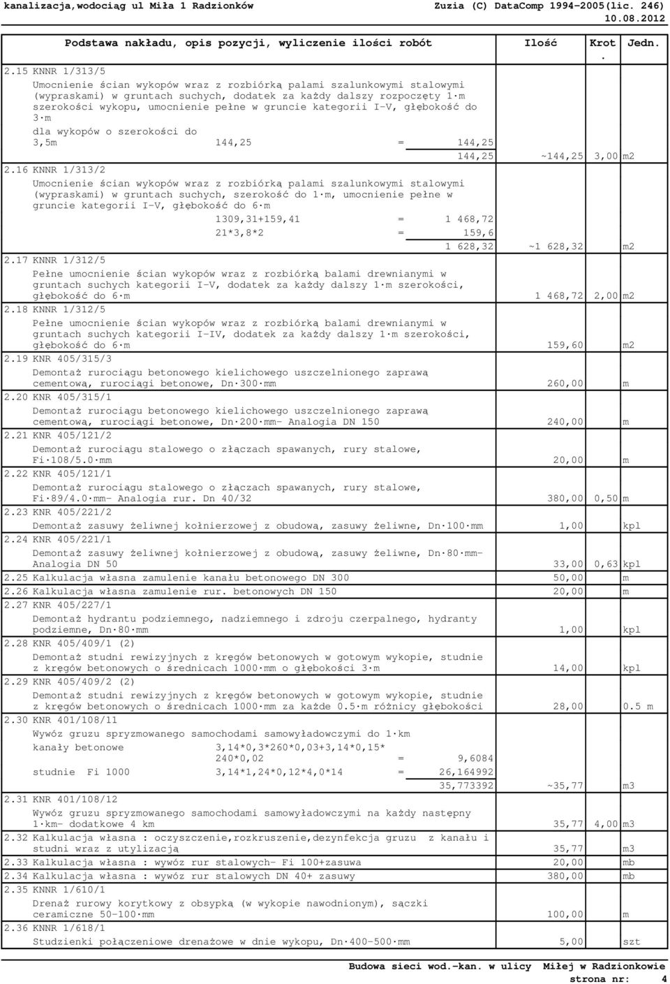 3,00 m2 216 KNNR 1/313/2 Umocnienie ścian wykopów wraz z rozbiórką palami szalunkowymi stalowymi (wypraskami) w gruntach suchych, szerokość do 1 m, umocnienie pełne w gruncie kategorii I-V, głębokość