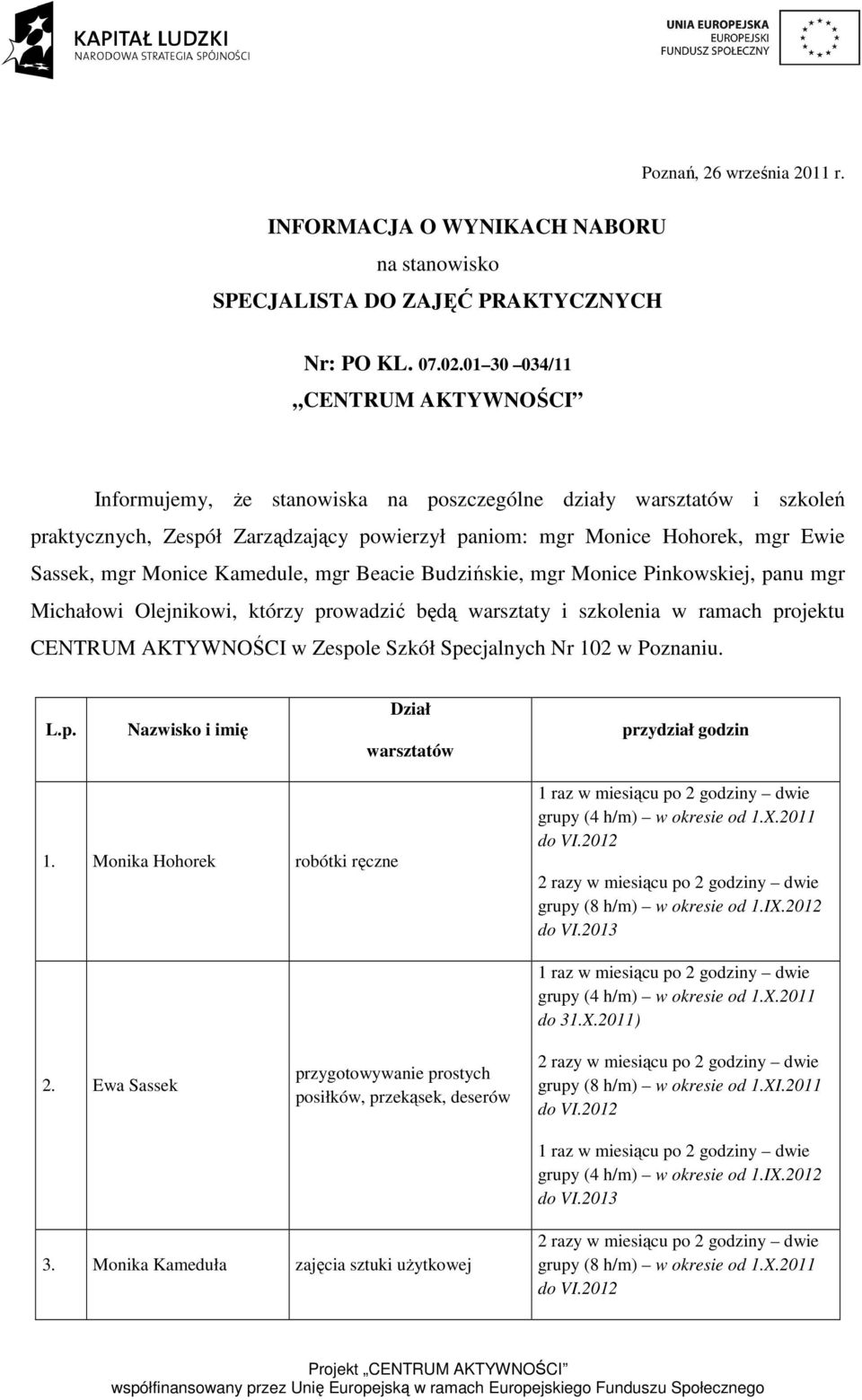 Specjalnych Nr 102 w Poznaniu. L.p. Nazwisko i imię Dział warsztatów przydział godzin 1. Monika Hohorek robótki ręczne grupy (4 h/m) w okresie od 1.X.2011 do VI.