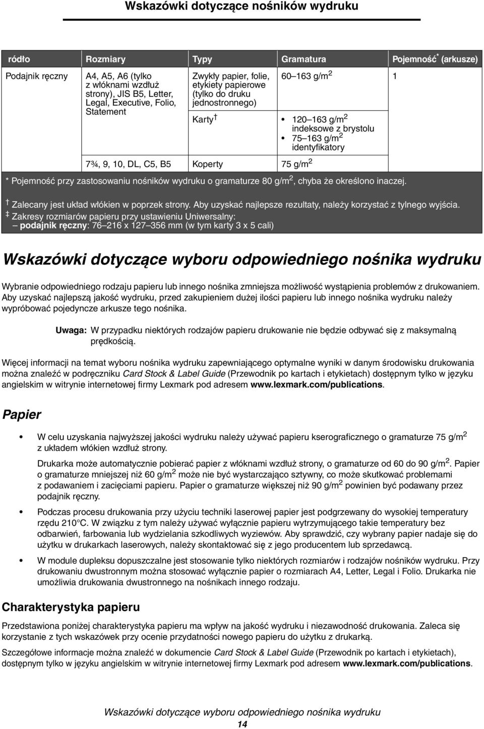 g/m 2 * Pojemność przy zastosowaniu nośników wydruku o gramaturze 80 g/m 2, chyba że określono inaczej. Zalecany jest układ włókien w poprzek strony.