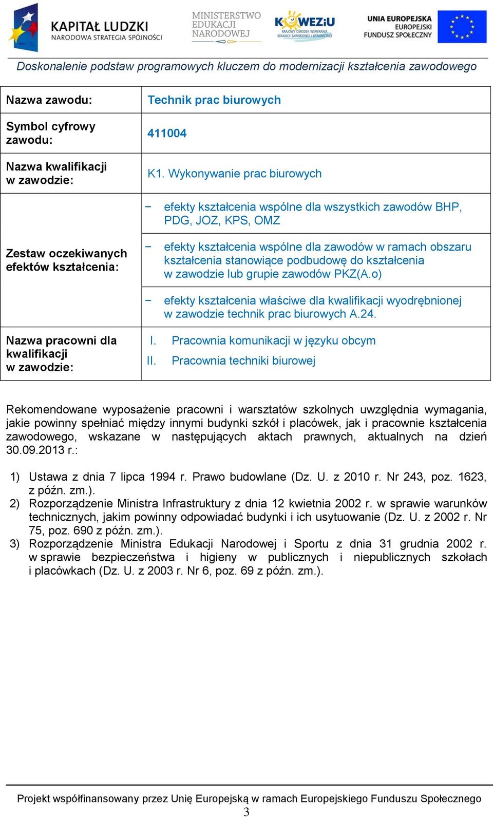 kształcenia stanowiące podbudowę do kształcenia w zawodzie lub grupie zawodów PKZ(A.o) efekty kształcenia właściwe dla kwalifikacji wyodrębnionej w zawodzie technik prac biurowych A.24.