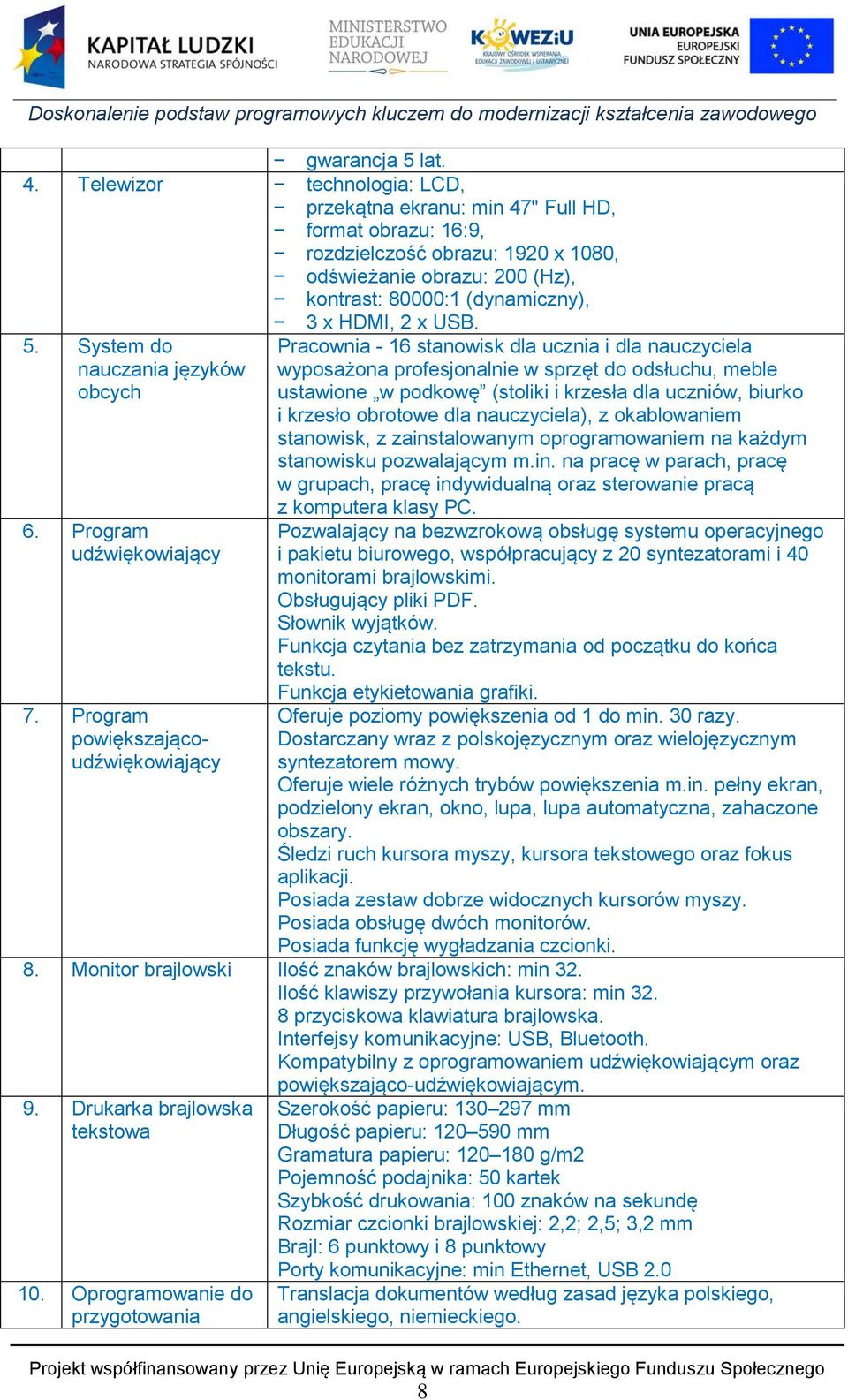 5. System do nauczania języków obcych Pracownia - 16 stanowisk dla ucznia i dla nauczyciela wyposażona profesjonalnie w sprzęt do odsłuchu, meble ustawione w podkowę (stoliki i krzesła dla uczniów,