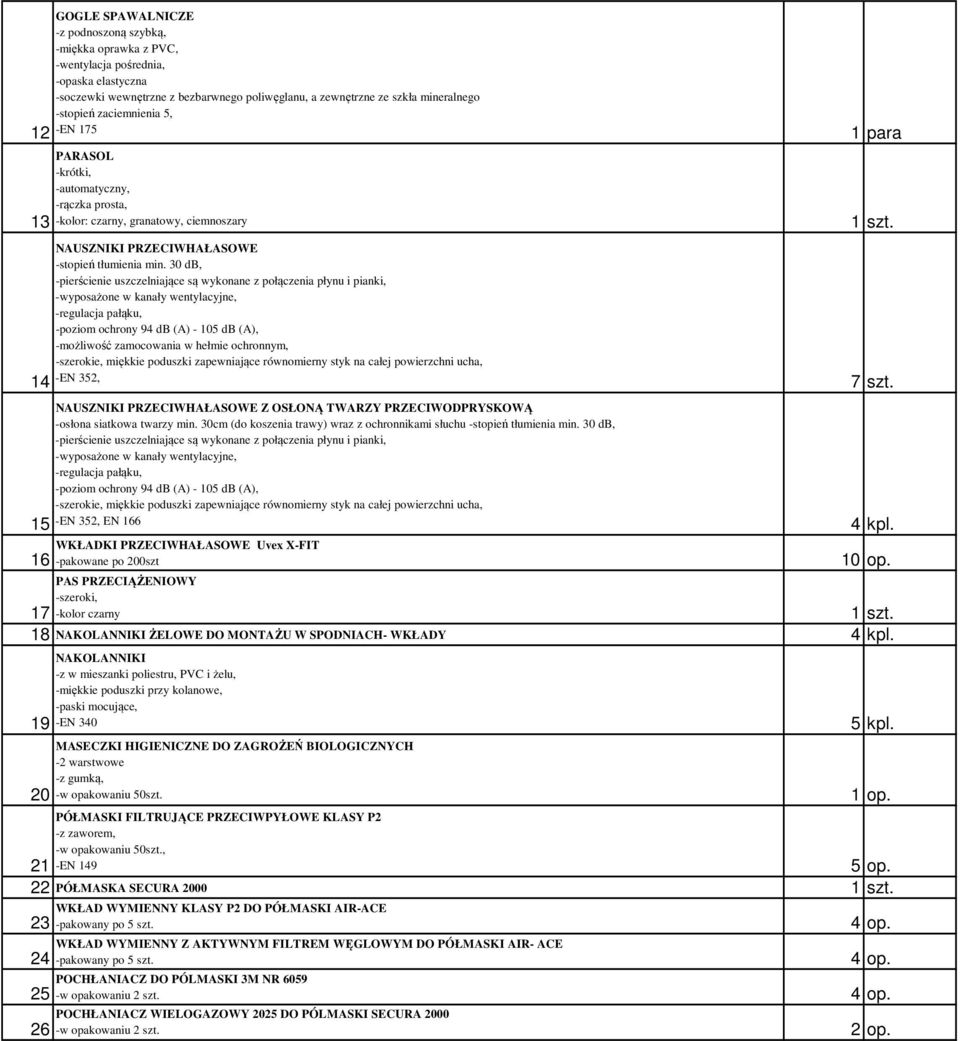 30 db, -pierścienie uszczelniające są wykonane z połączenia płynu i pianki, -wyposażone w kanały wentylacyjne, -regulacja pałąku, -poziom ochrony 94 db (A) - 105 db (A), -możliwość zamocowania w