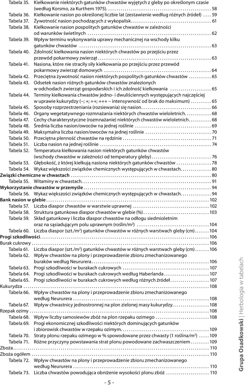 Kiełkowanie nasion pospolitych gatunków chwastów w zależności od warunków świetlnych............................................................ 62 Tabela 39.