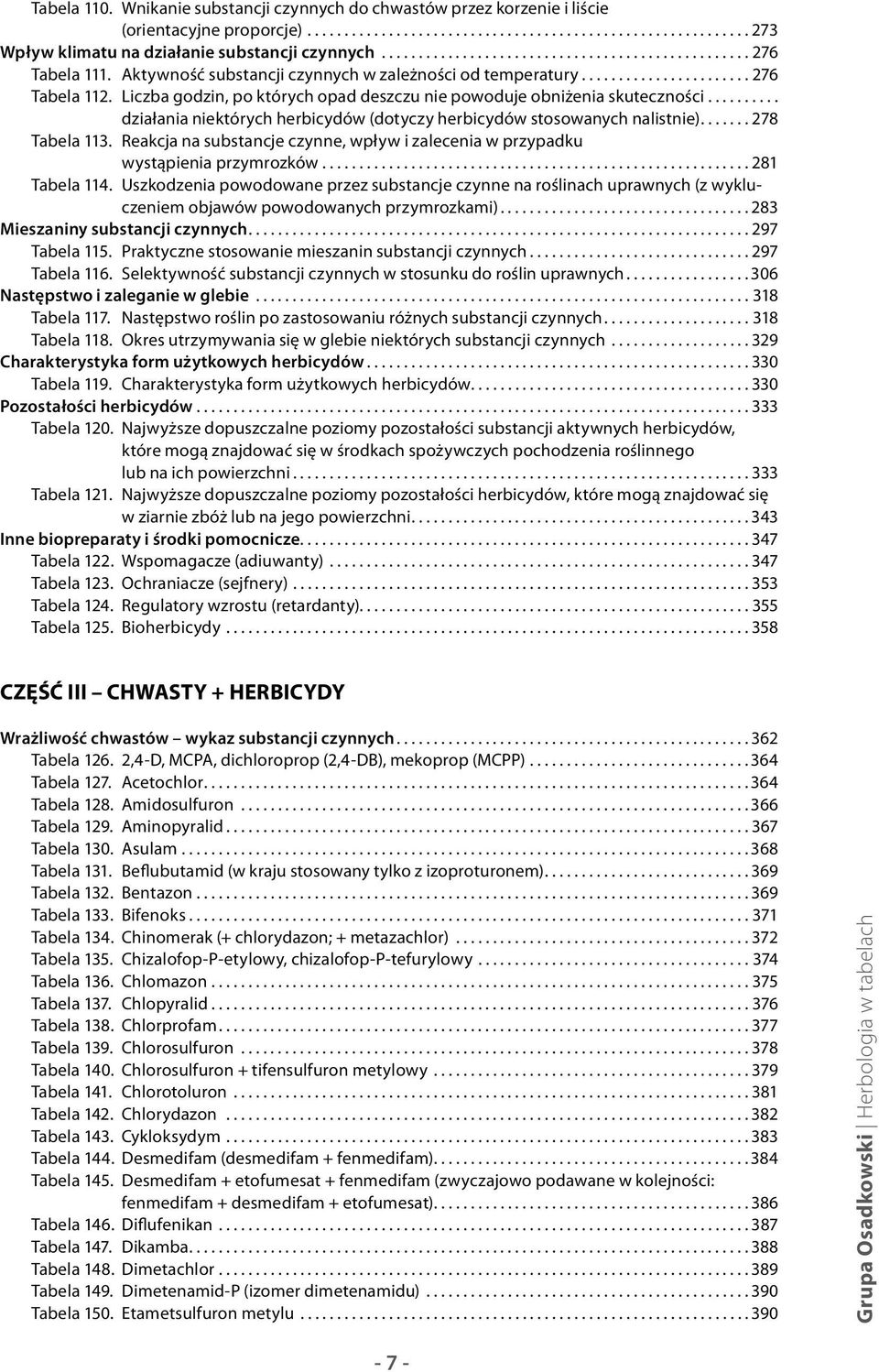 ... działania niektórych herbicydów (dotyczy herbicydów stosowanych nalistnie).... 278 Tabela 113. Reakcja na substancje czynne, wpływ i zalecenia w przypadku wystąpienia przymrozków... 281 Tabela 114.