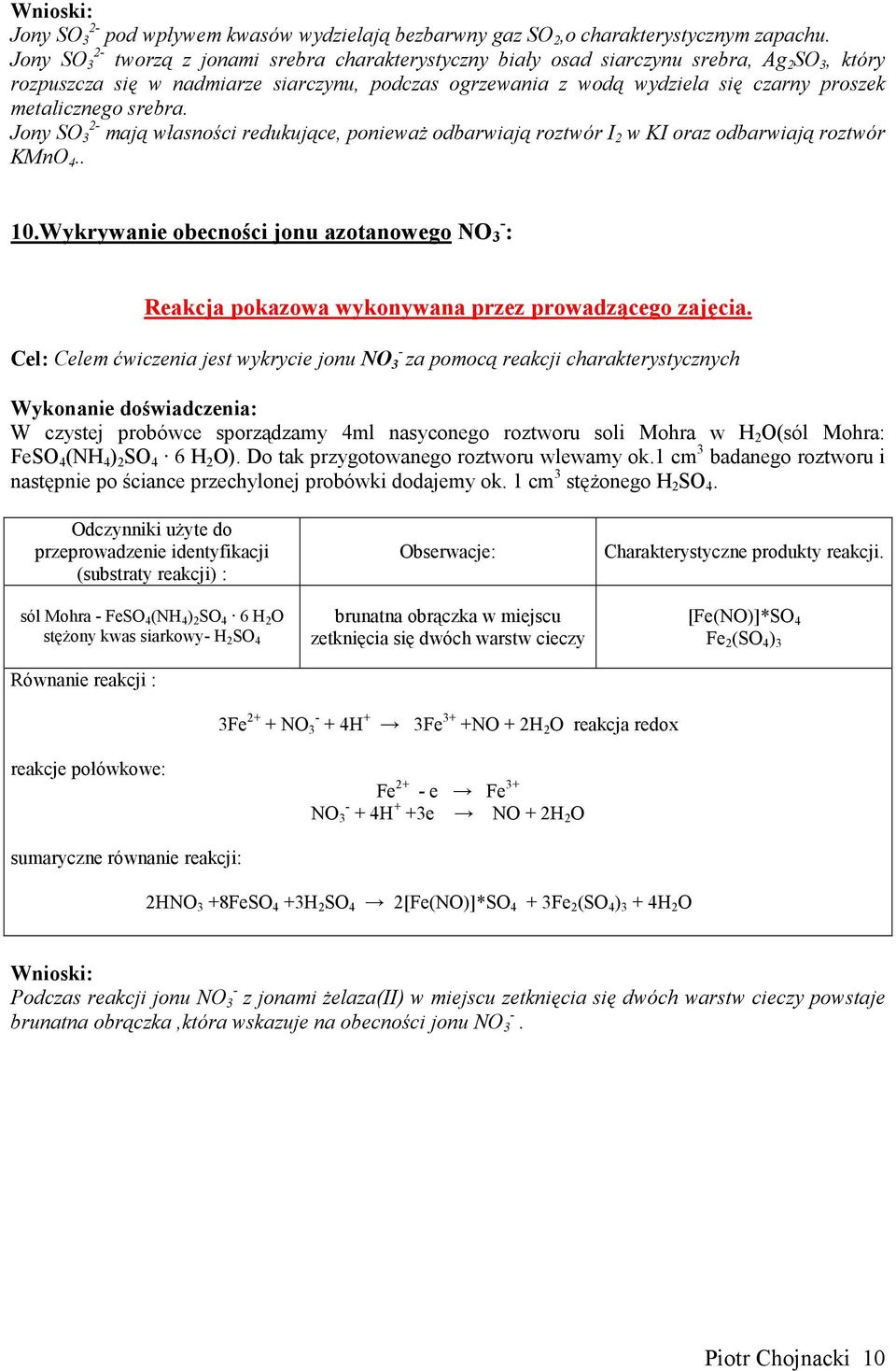 metalicznego srebra. Jony SO 3 mają własności redukujące, ponieważ odbarwiają roztwór I 2 w KI oraz odbarwiają roztwór KMnO 4.. 10.