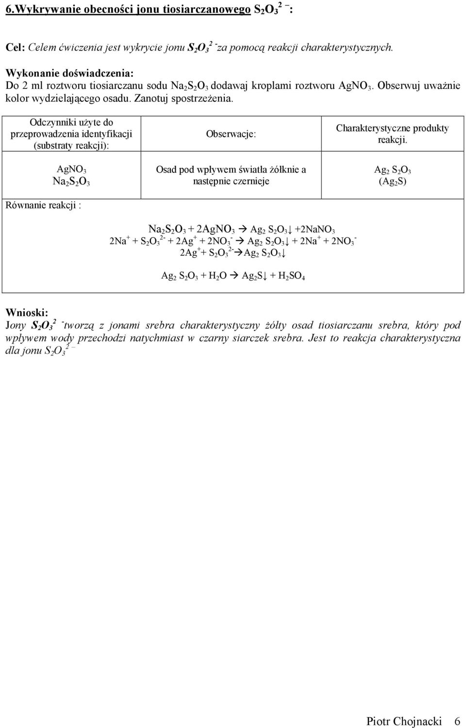 przeprowadzenia identyfikacji (substraty reakcji): AgNO 3 Na 2 S 2 O 3 Równanie reakcji : Osad pod wpływem światła żółknie a następnie czernieje Ag 2 S 2 O 3 (Ag 2 S) Na 2 S 2 O 3 + 2AgNO 3 Ag 2 S 2