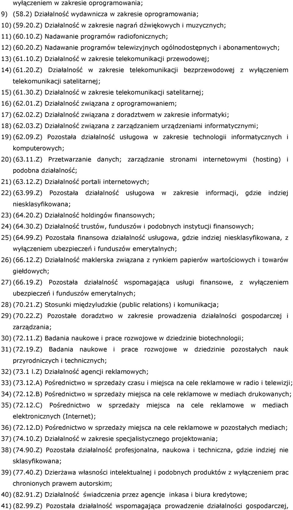 30.Z) Działalność w zakresie telekomunikacji satelitarnej; 16) (62.01.Z) Działalność związana z oprogramowaniem; 17) (62.02.Z) Działalność związana z doradztwem w zakresie informatyki; 18) (62.03.