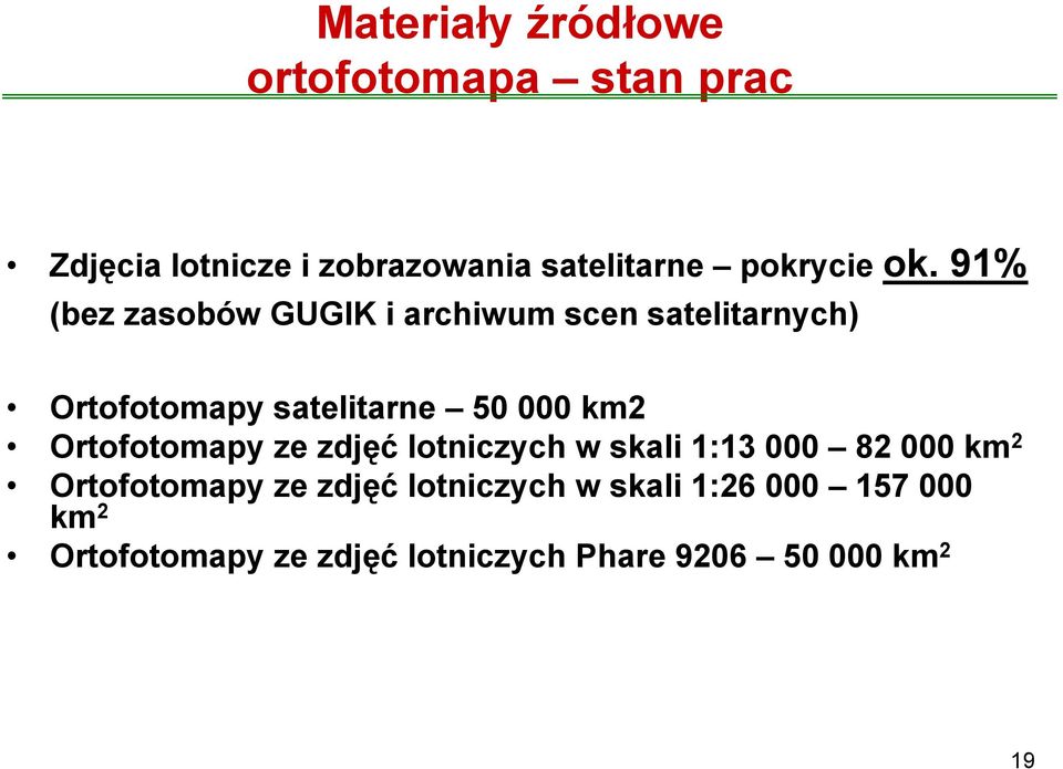 91% (bez zasobów GUGIK i archiwum scen satelitarnych) Ortofotomapy satelitarne 50 000 km2