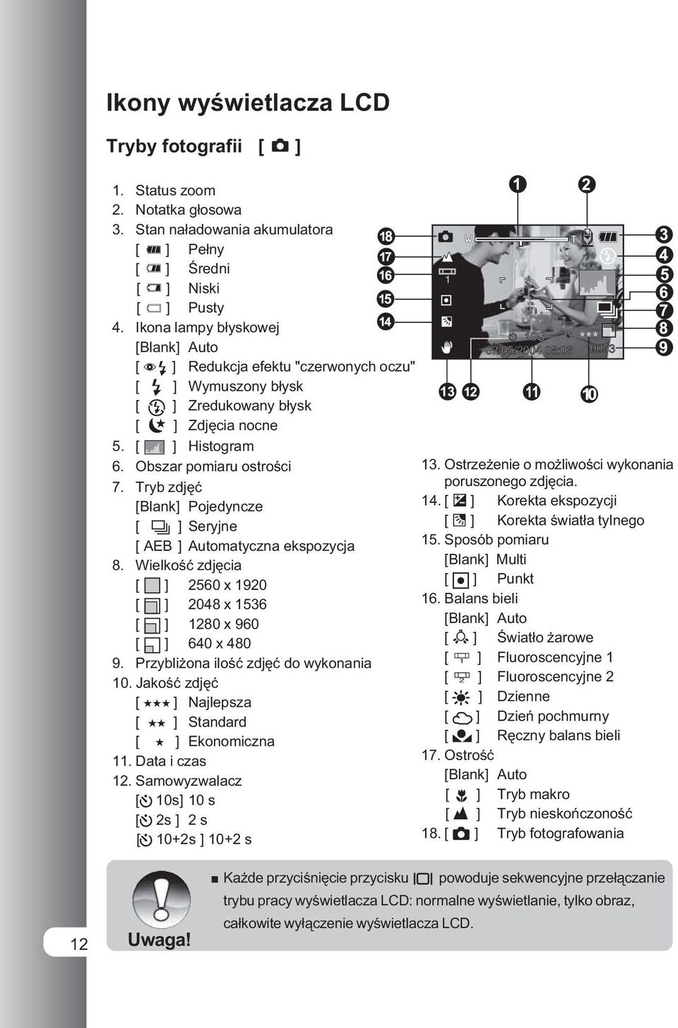 Ostrzeżenie o możliwości wykonania 7. Tryb zdjęć poruszonego zdjęcia. [Blank] Pojedyncze 14. [ ] Korekta ekspozycji [ ] Seryjne [ ] Korekta światła tylnego [ AEB ] Automatyczna ekspozycja 15.