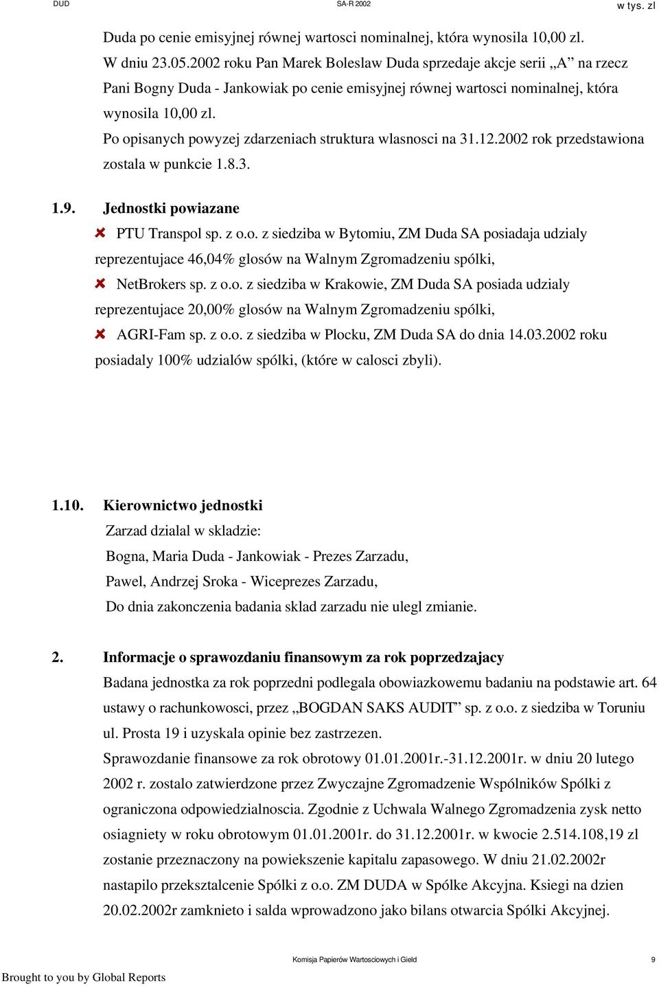 Po opisanych powyzej zdarzeniach struktura wlasnosci na 31.12.2002 rok przedstawiona zostala w punkcie 1.8.3. 1.9. Jednostki powiazane PTU Transpol sp. z o.o. z siedziba w Bytomiu, ZM Duda SA posiadaja udzialy reprezentujace 46,04% glosów na Walnym Zgromadzeniu spólki, NetBrokers sp.