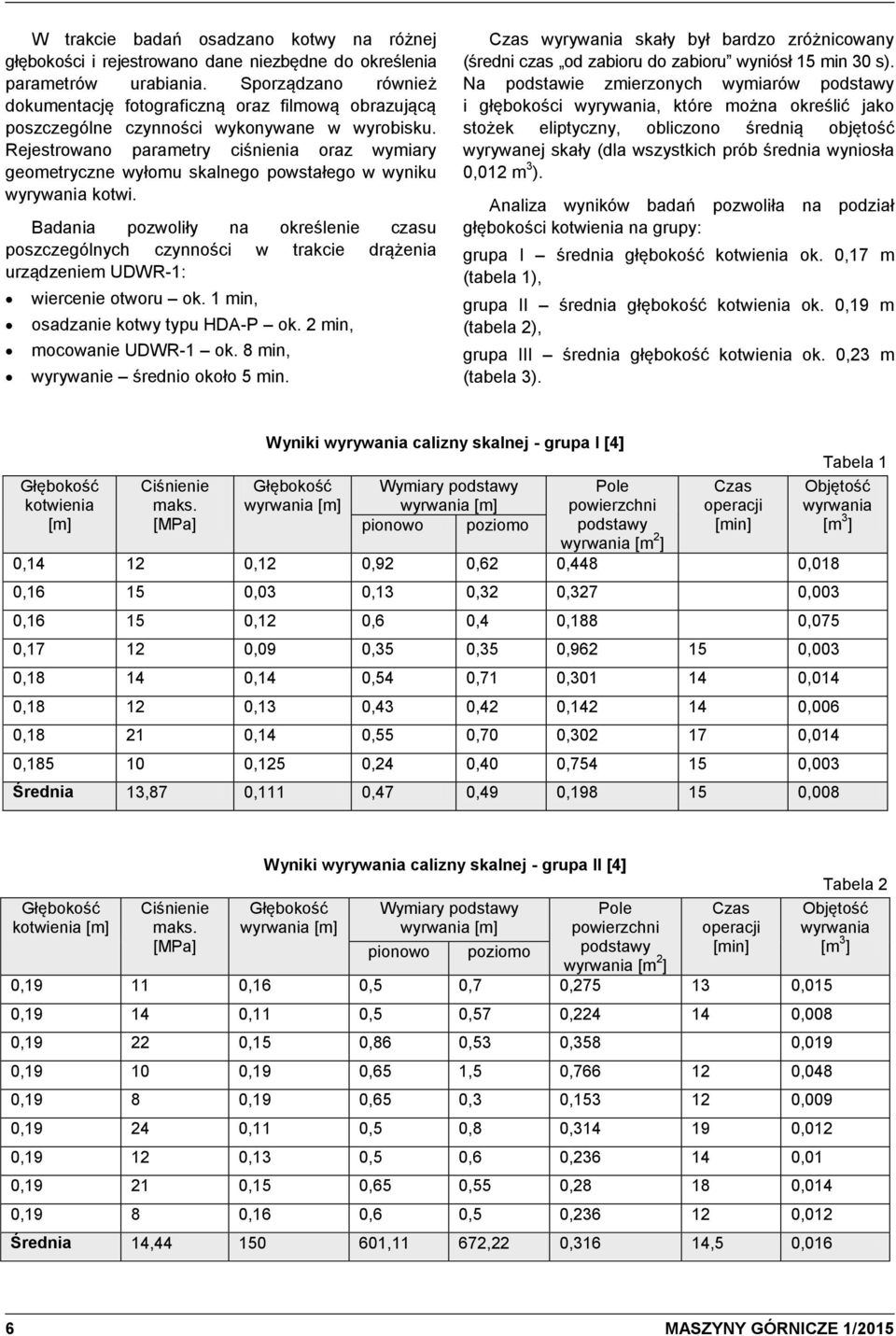 Rejestrowano parametry ciśnienia oraz wymiary geometryczne wyłomu skalnego powstałego w wyniku wyrywania kotwi.