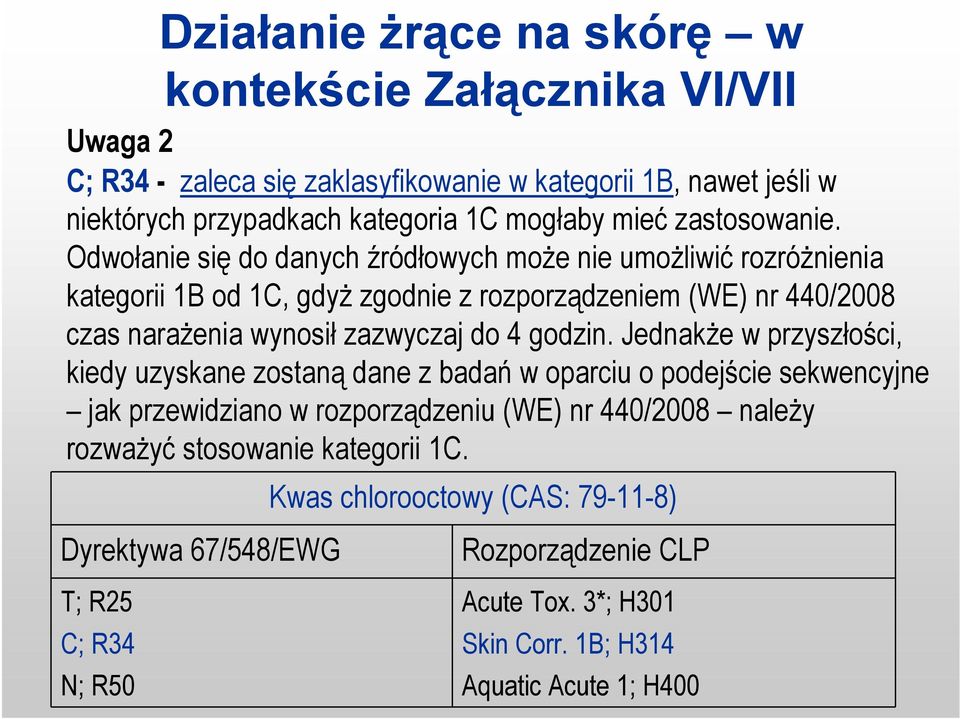 Odwołanie się do danych źródłowych może nie umożliwić rozróżnienia kategorii 1B od 1C, gdyż zgodnie z rozporządzeniem (WE) nr 440/2008 czas narażenia wynosił zazwyczaj do 4