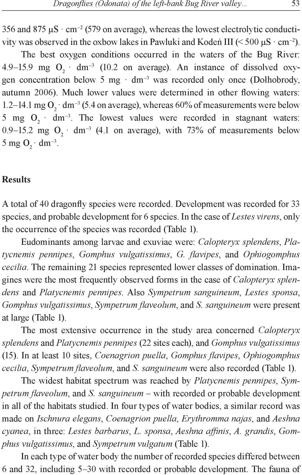 An instance of dissolved oxygen concentration below 5 mg dm 3 was recorded only once (Dołhobrody, autumn 2006). Much lower values were determined in other flowing waters: 1.2 14.1 mg O 2 dm 3 (5.