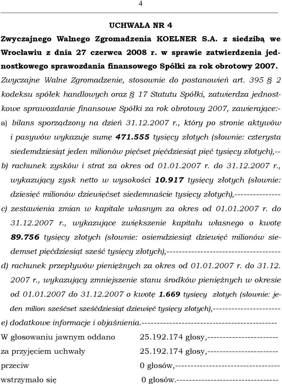 395 2 kodeksu spółek handlowych oraz 17 Statutu Spółki, zatwierdza jednostkowe sprawozdanie finansowe Spółki za rok obrotowy 2007, zawierające:- a) bilans sporządzony na dzień 31.12.2007 r.