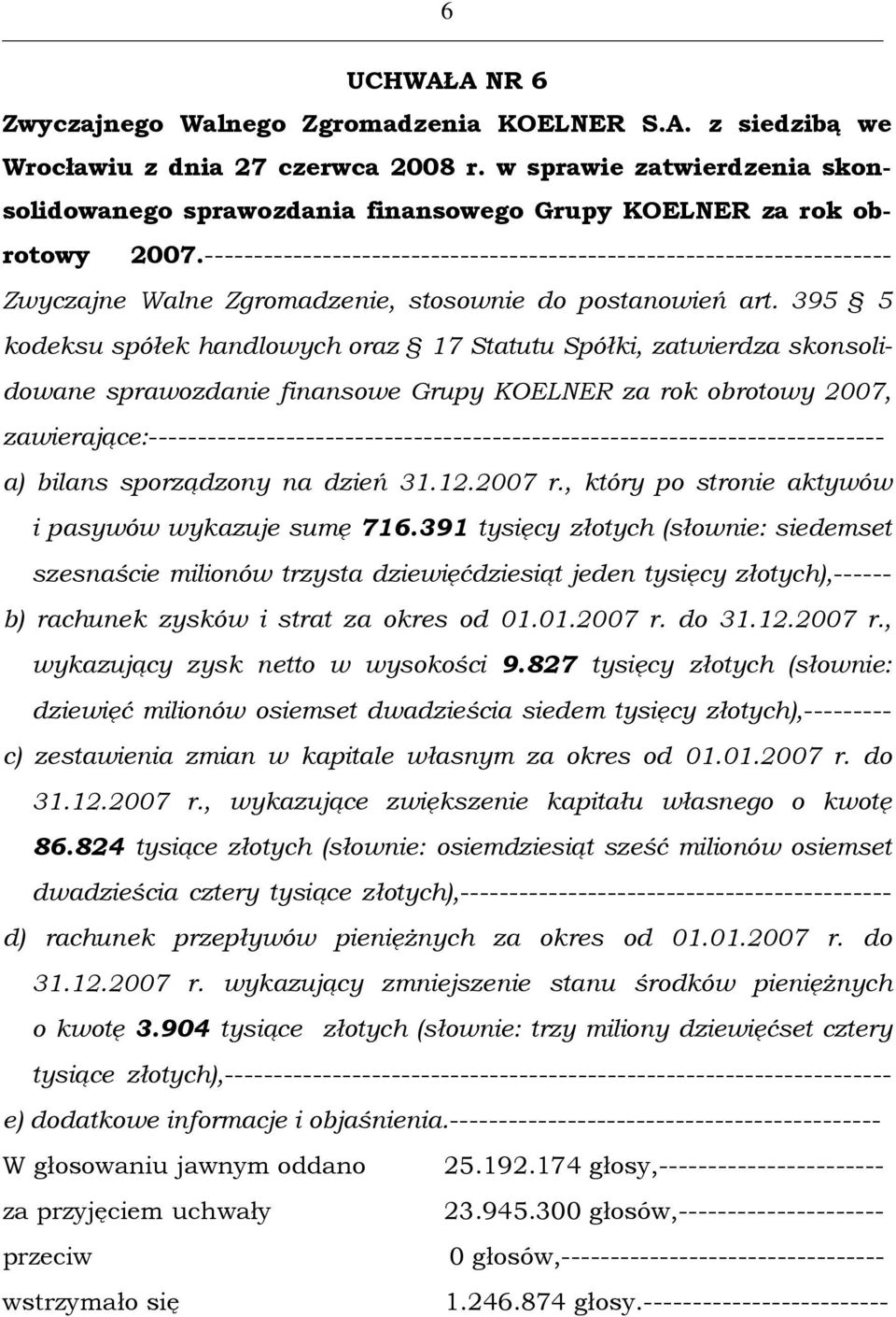 395 5 kodeksu spółek handlowych oraz 17 Statutu Spółki, zatwierdza skonsolidowane sprawozdanie finansowe Grupy KOELNER za rok obrotowy 2007,