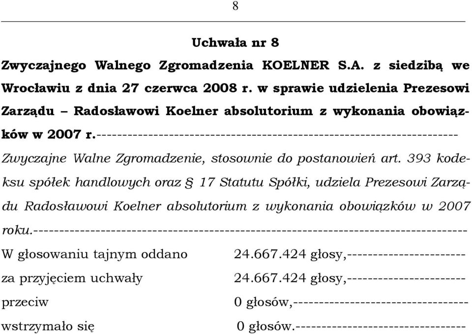 393 kode- ksu spółek handlowych oraz 17 Statutu Spółki, udziela Prezesowi Zarządu Radosławowi Koelner absolutorium z wykonania obowiązków w 2007 roku.