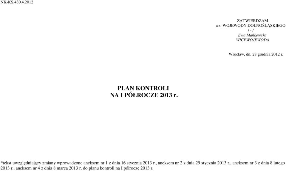 PLAN KONTROLI NA I PÓŁROCZE 2013 r.