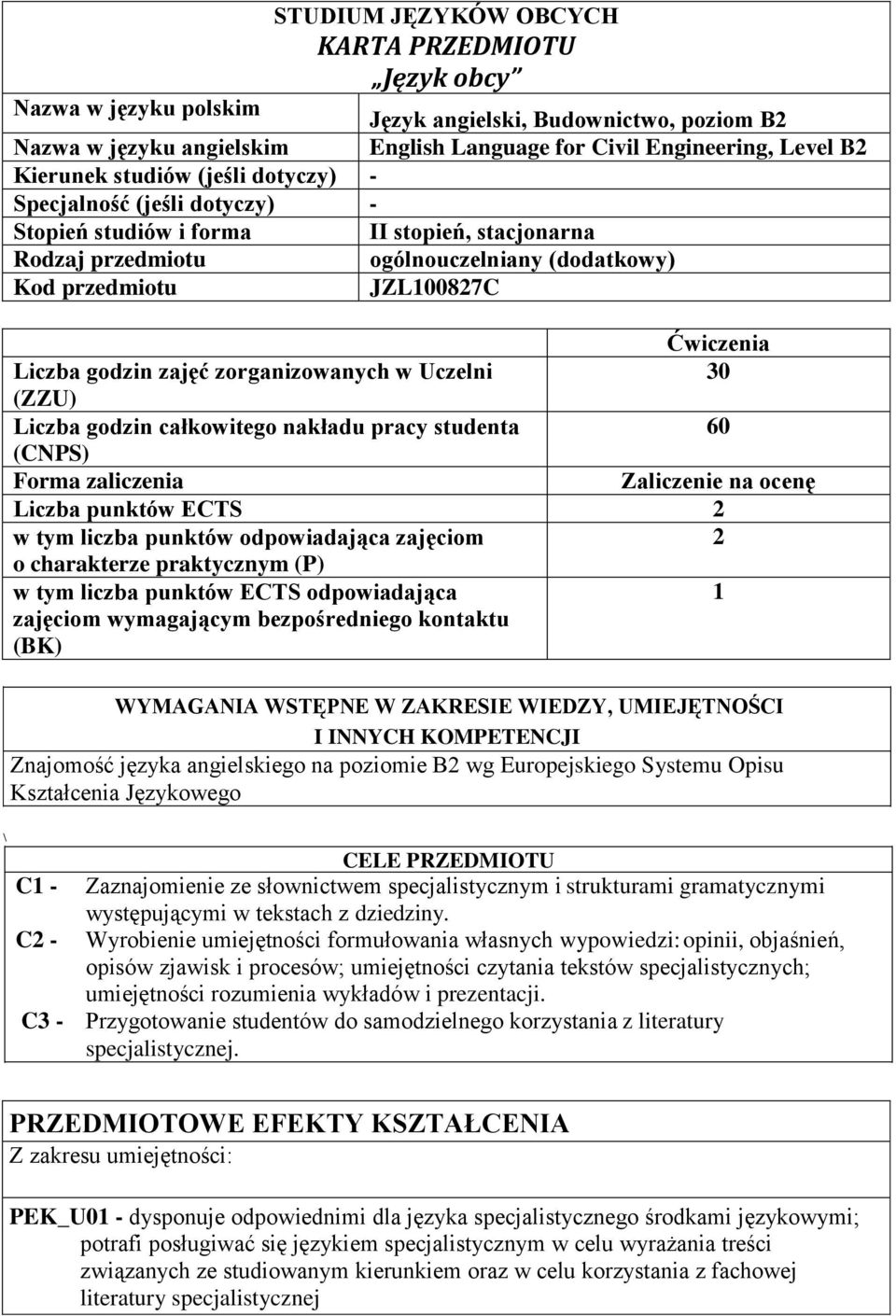 zajęć zorganizowanych w Uczelni 30 (ZZU) Liczba godzin całkowitego nakładu pracy studenta 60 (CNPS) Forma zaliczenia Zaliczenie na ocenę Liczba punktów ECTS w tym liczba punktów odpowiadająca