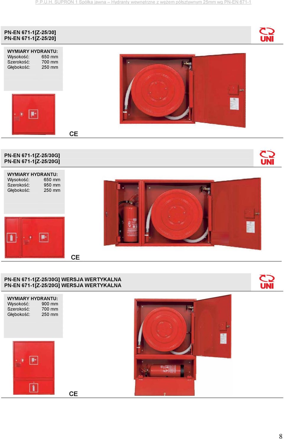 Szerokość: 950 mm Głębokość: 250 mm PN-EN 671-1[Z-25/30G] WERSJA WERTYKALNA PN-EN