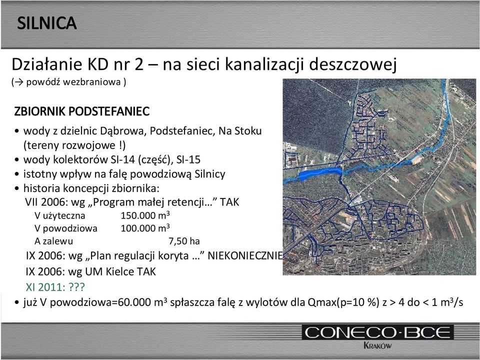 ) wody kolektorów SI14 (część), SI15 istotny wpływ na falę powodziową Silnicy historia koncepcji zbiornika: VII 2006: wg Program małej