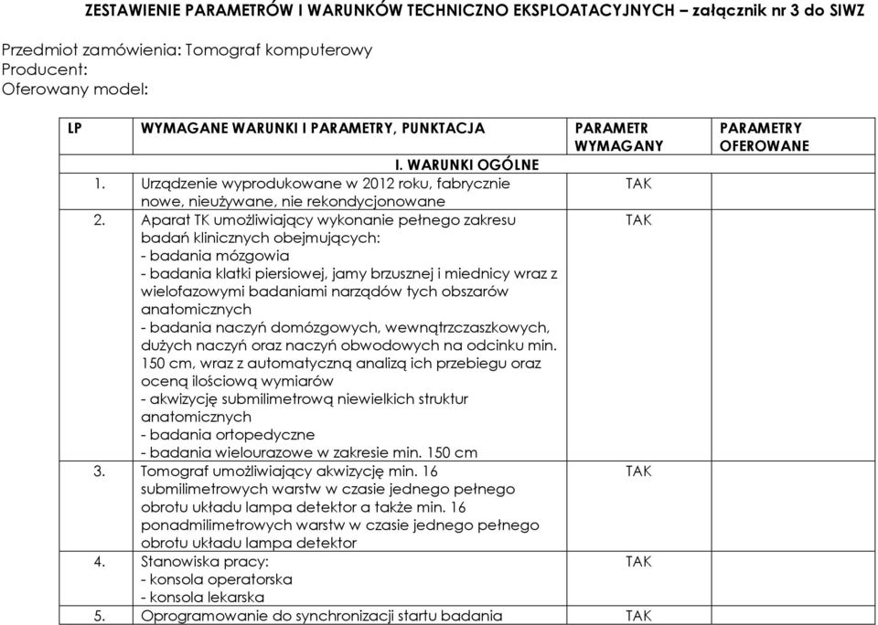 Aparat TK umożliwiający wykonanie pełnego zakresu badań klinicznych obejmujących: - badania mózgowia - badania klatki piersiowej, jamy brzusznej i miednicy wraz z wielofazowymi badaniami narządów