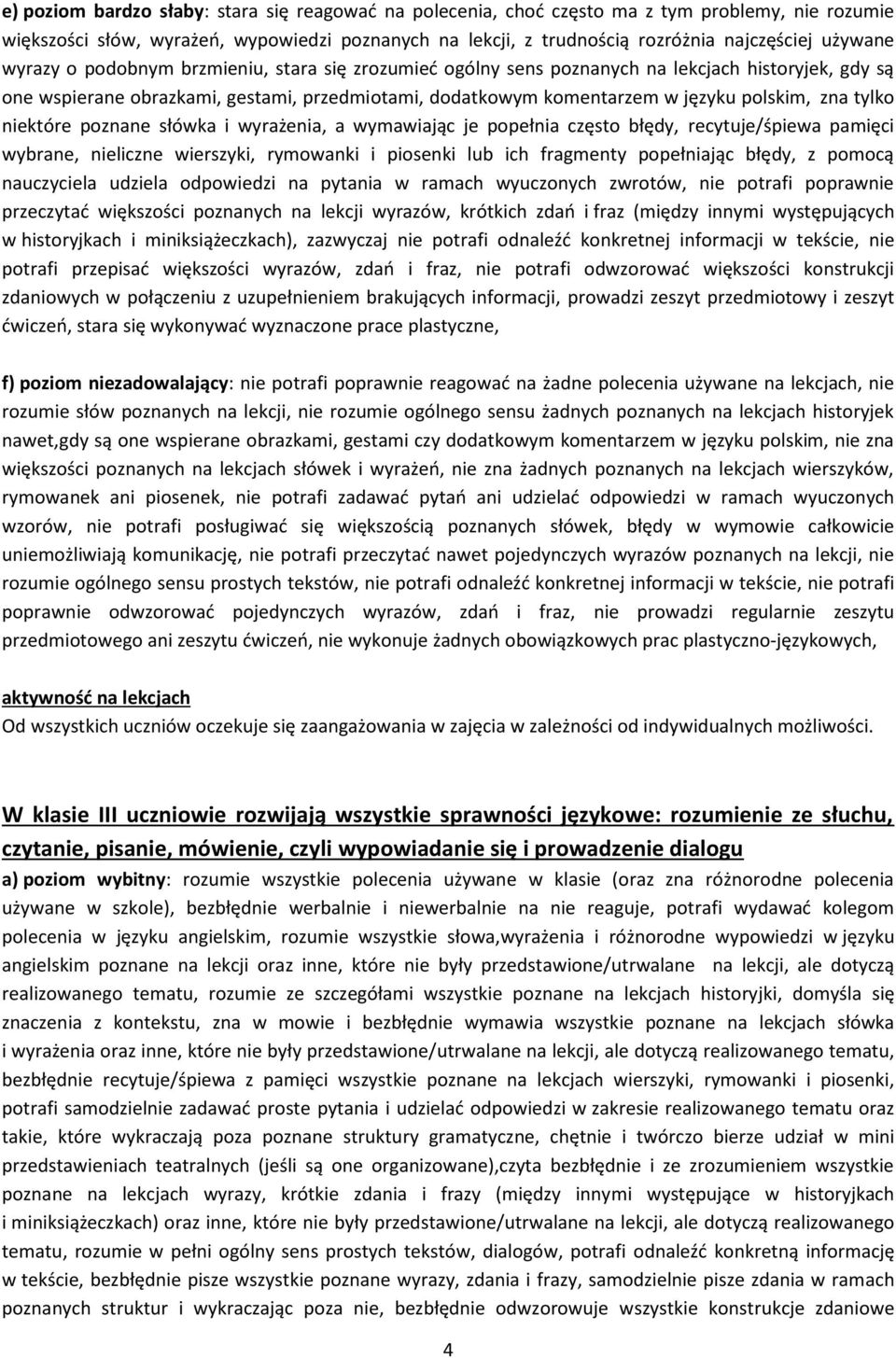 zna tylko niektóre poznane słówka i wyrażenia, a wymawiając je popełnia często błędy, recytuje/śpiewa pamięci wybrane, nieliczne wierszyki, rymowanki i piosenki lub ich fragmenty popełniając błędy, z