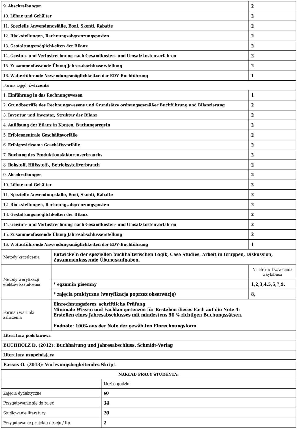 Weiterführende Anwendungsmöglichkeiten der EDV-Buchführung 1 Forma zajęć: ćwiczenia 1. Einführung in das Rechnungswesen 1 2.