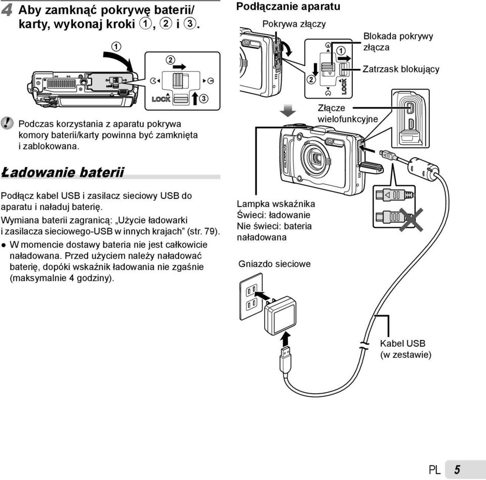 3 Złącze wielofunkcyjne Ładowanie baterii Podłącz kabel USB i zasilacz sieciowy USB do aparatu i naładuj baterię.