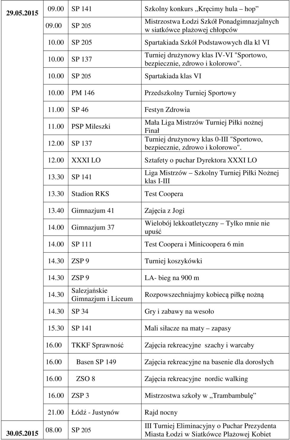 00 SP 137 Mała Liga Mistrzów Turniej Piłki nożnej Finał Turniej drużynowy klas 0-III "Sportowo, bezpiecznie, zdrowo i kolorowo". 12.00 XXXI LO Sztafety o puchar Dyrektora XXXI LO 13.30 SP 141 13.