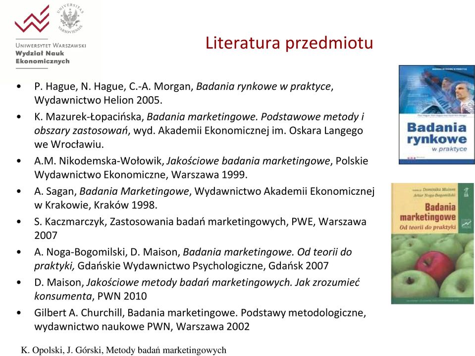 S. Kaczmarczyk, Zastosowania badań marketingowych, PWE, Warszawa 2007 A. Noga-Bogomilski, D. Maison, Badania marketingowe. Od teorii do praktyki, Gdańskie Wydawnictwo Psychologiczne, Gdańsk 2007 D.