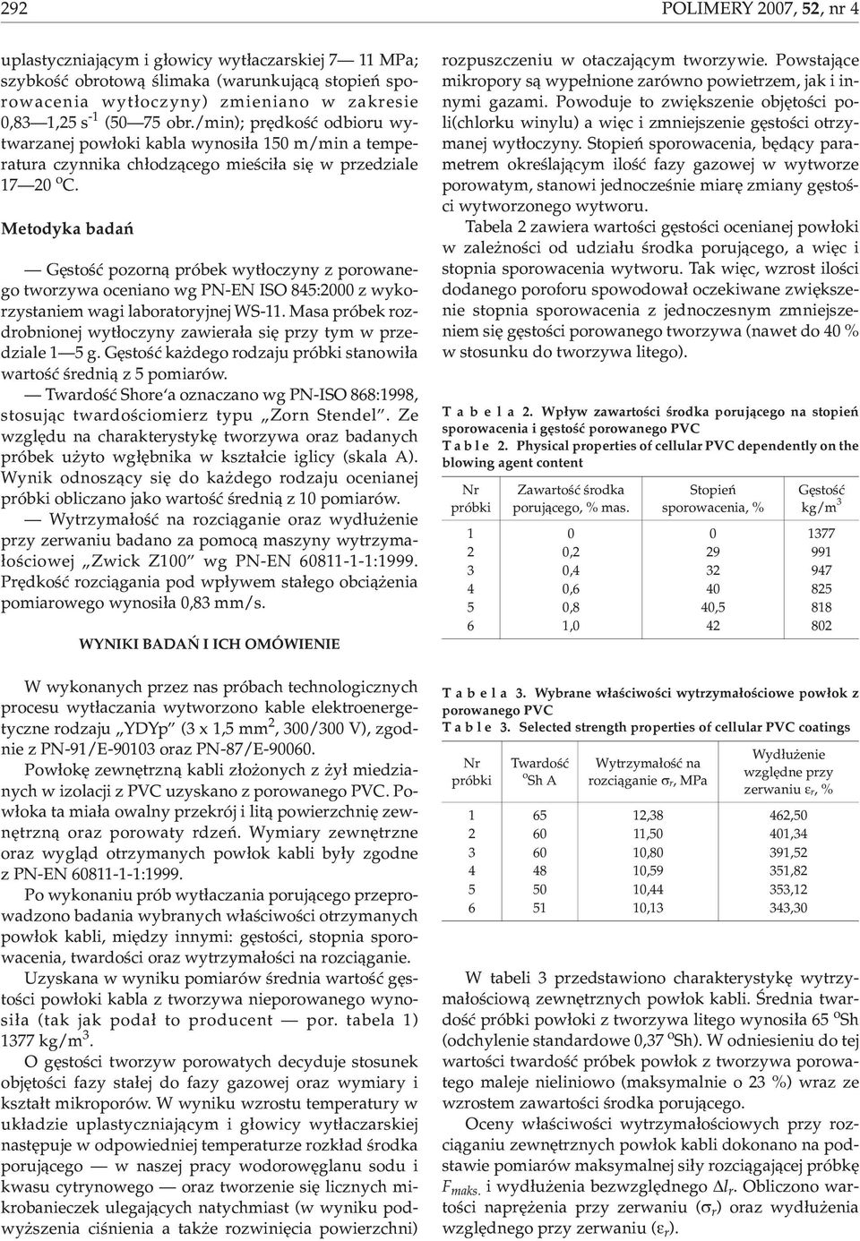 Metodyka badañ Gêstoœæ pozorn¹ próbek wyt³oczyny z porowanego tworzywa oceniano wg PN-EN ISO 845:2000 z wykorzystaniem wagi laboratoryjnej WS-11.