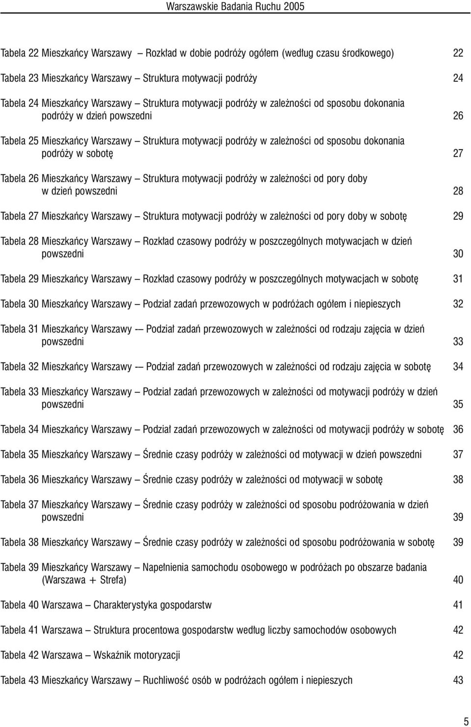 26 Mieszkaƒcy Warszawy Struktura motywacji podró y w zale noêci od pory doby w dzieƒ powszedni 28 Tabela 27 Mieszkaƒcy Warszawy Struktura motywacji podró y w zale noêci od pory doby w sobot 29 Tabela