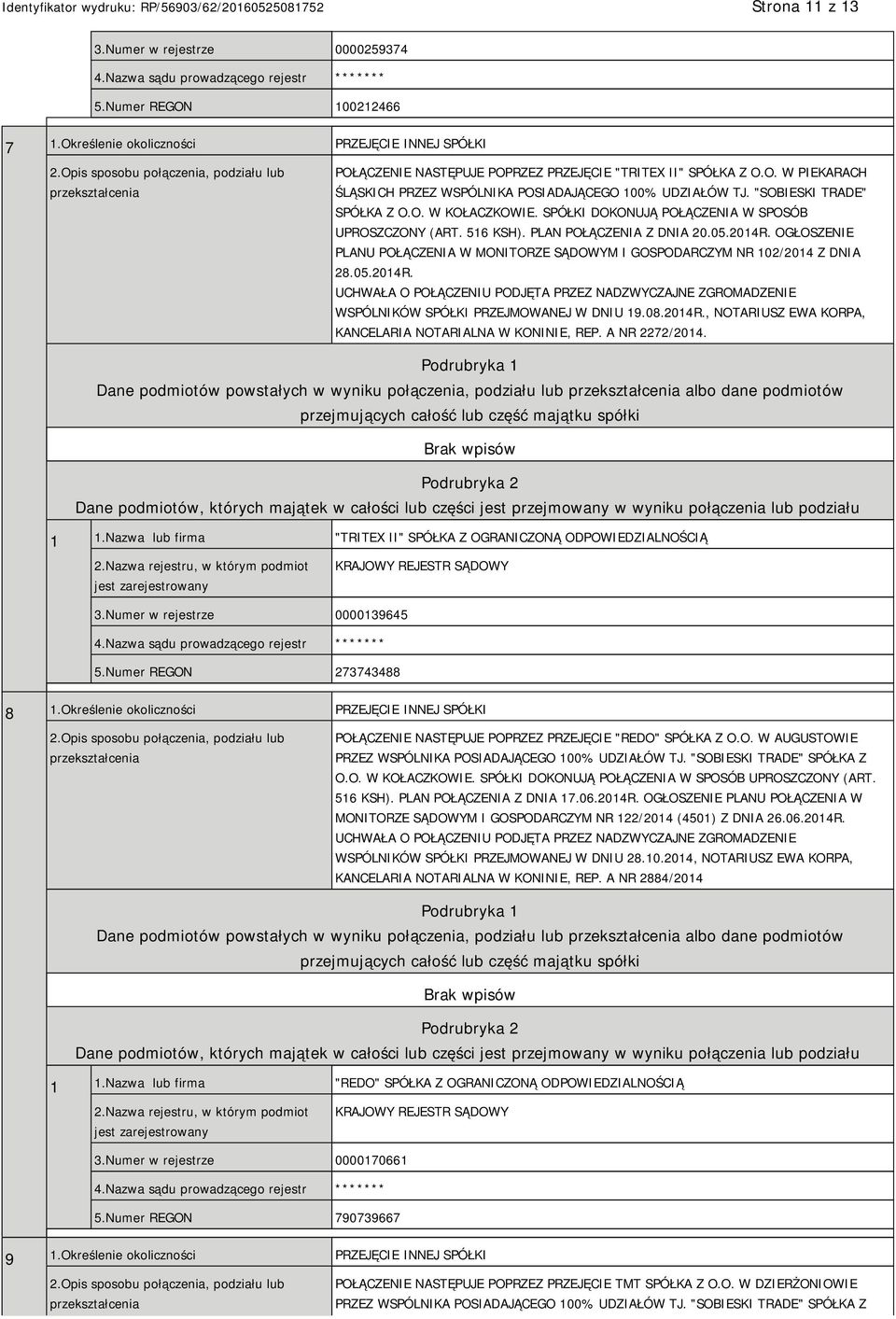 OGŁOSZENIE PLANU POŁĄCZENIA W MONITORZE SĄDOWYM I GOSPODARCZYM NR 102/2014 Z DNIA 28.05.2014R. WSPÓLNIKÓW SPÓŁKI PRZEJMOWANEJ W DNIU 19.08.2014R., NOTARIUSZ EWA KORPA, KANCELARIA NOTARIALNA W KONINIE, REP.