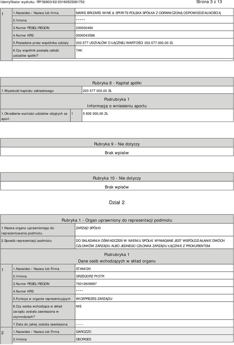 Wysokość kapitału zakładowego 203 577 000,00 ZŁ Informacja o wniesieniu aportu 1.