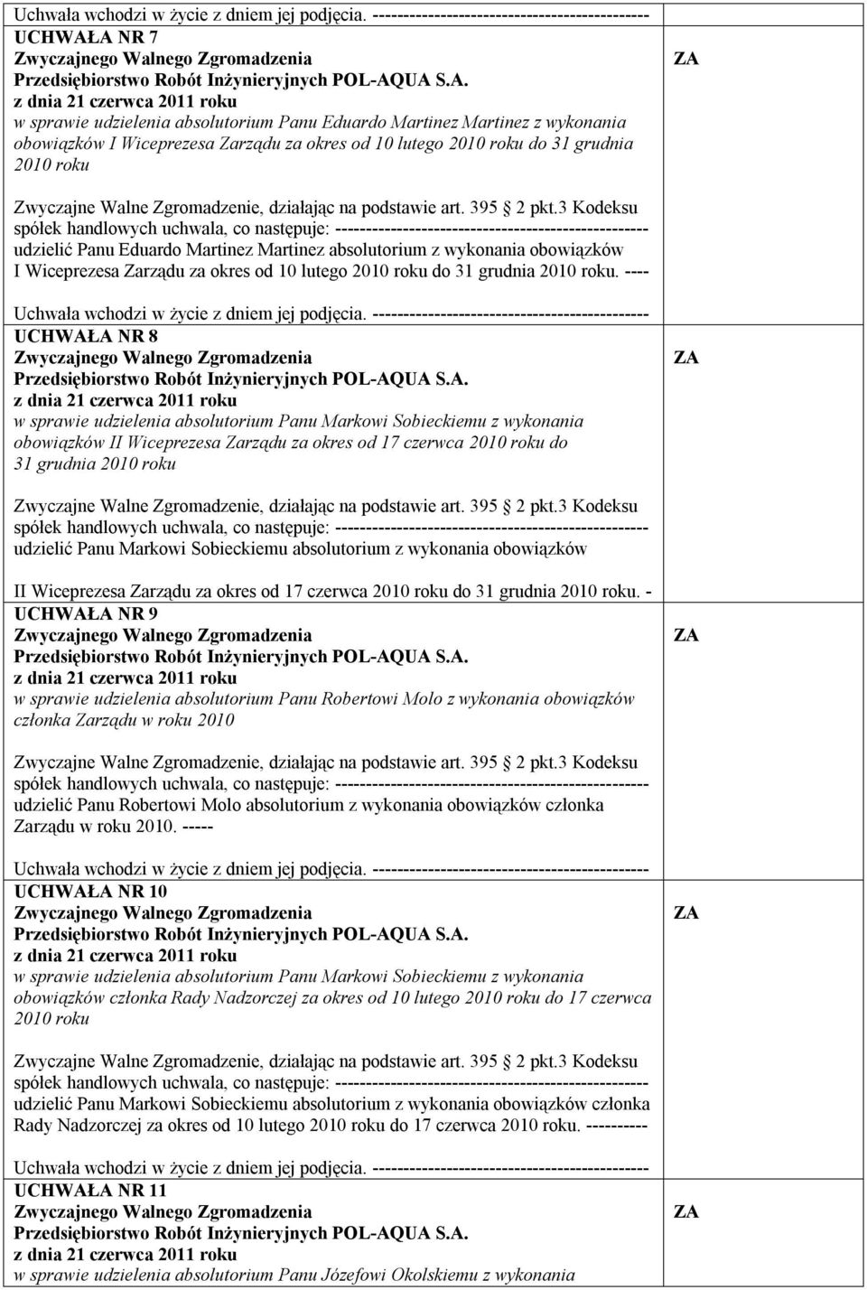 ---- UCHWAŁA NR 8 w sprawie udzielenia absolutorium Panu Markowi Sobieckiemu z wykonania obowiązków II Wiceprezesa Zarządu za okres od 17 czerwca 2010 roku do 31 grudnia 2010 roku udzielić Panu